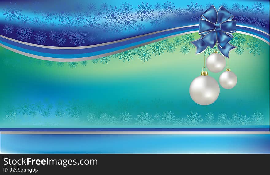 Christmas Greeting With Blue Bow And Balls