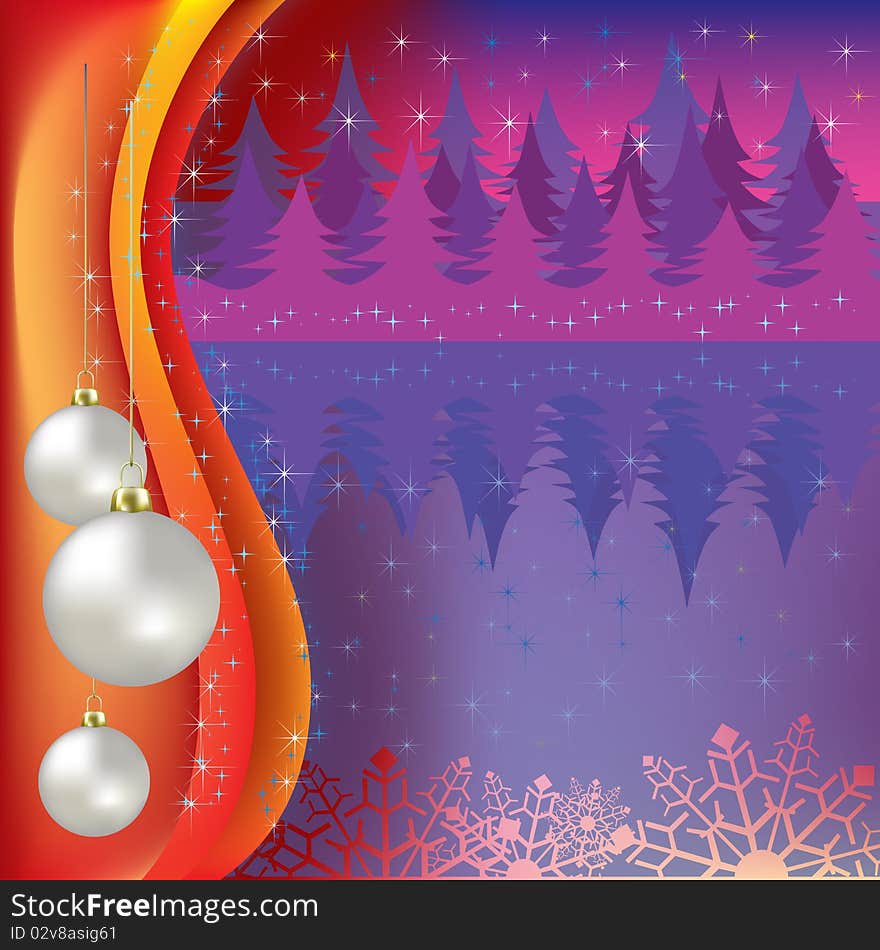 Christmas greeting with white balls and purple forest