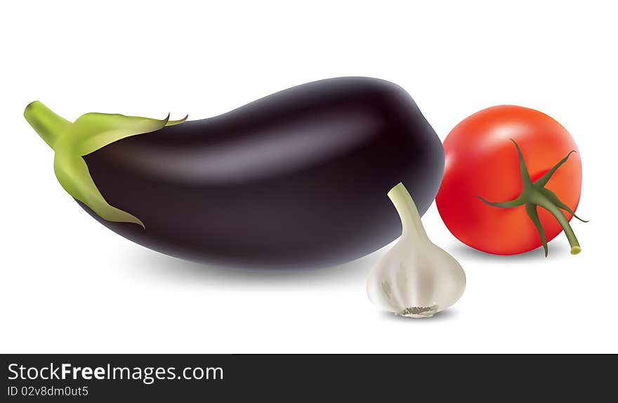 Realistic eggplant, garlic and tomato set.