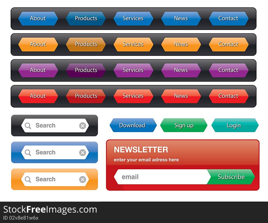 Navigation menu, form and button set. Navigation menu, form and button set