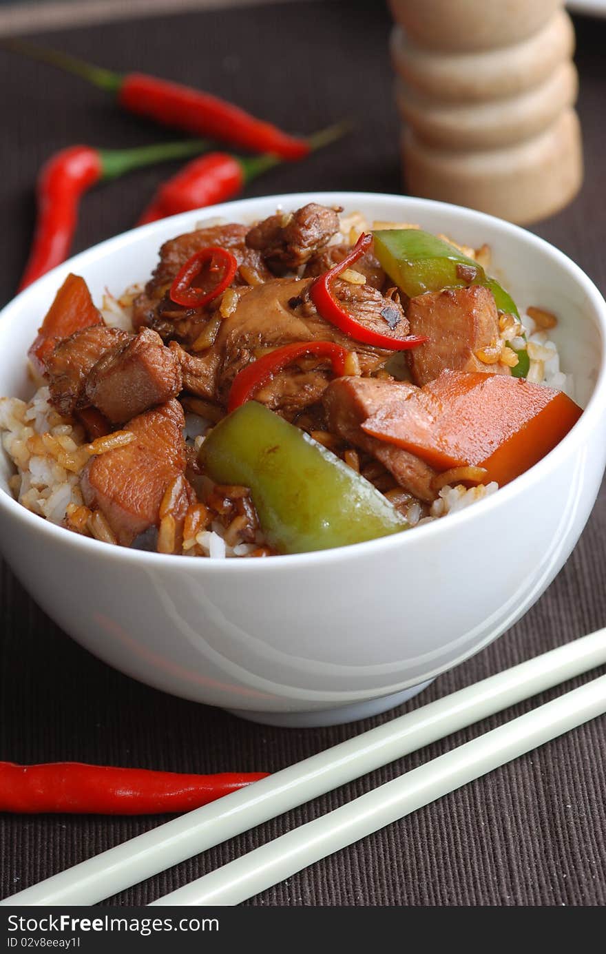 Chicken in blackbean sauce with rice. Chicken in blackbean sauce with rice