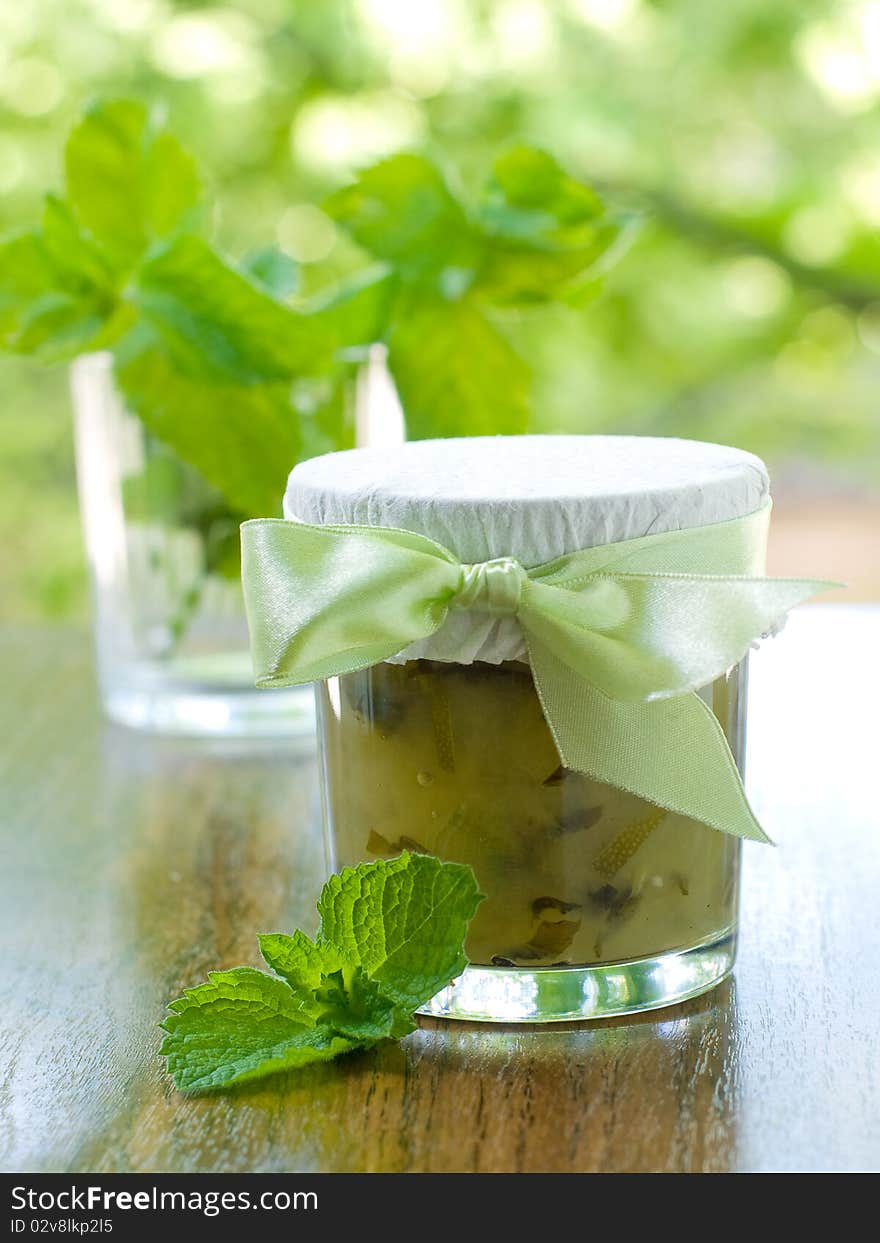 Apple-Mint Marmalade in a Jar in outside