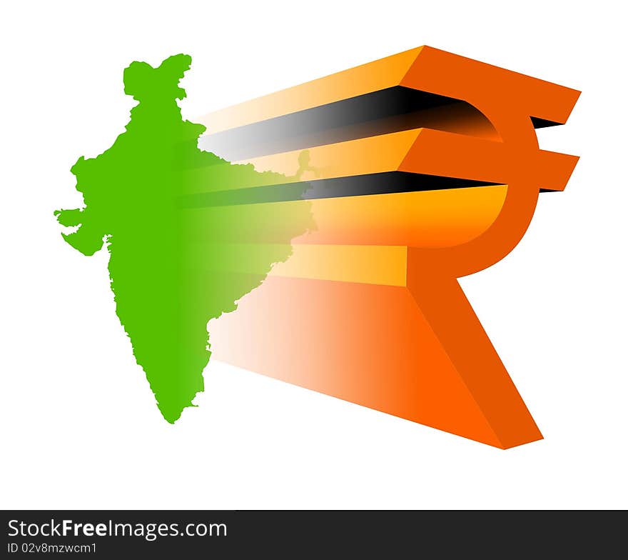 New 3d Indian rupee symbol on India map. New 3d Indian rupee symbol on India map