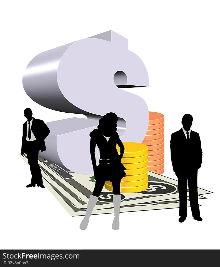 3d dollar symbol and notes with silhouette of business people. 3d dollar symbol and notes with silhouette of business people