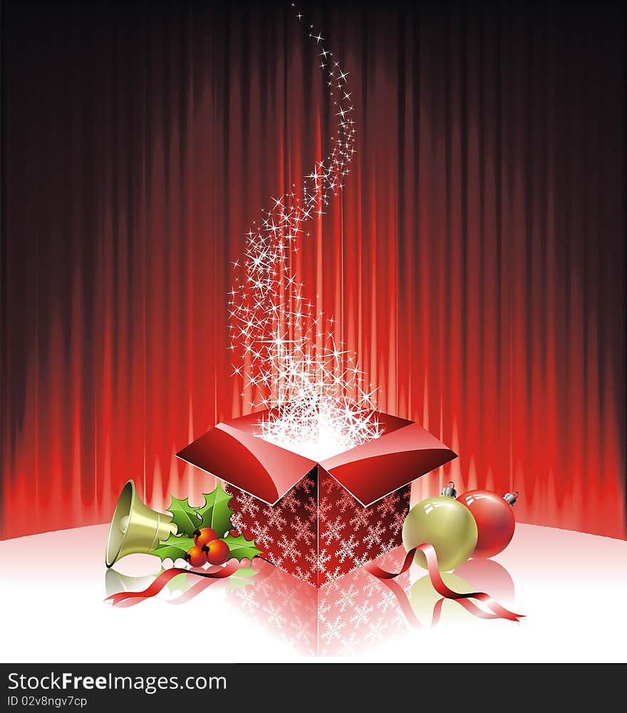 Christmas illustration with gift box on red background