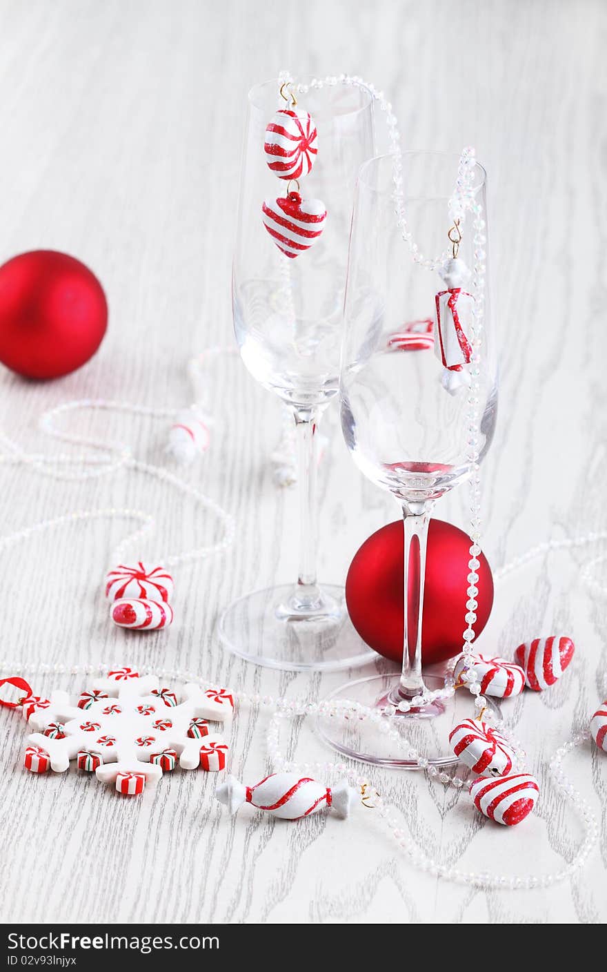 Two empty glasses on white background. Christmas preparation