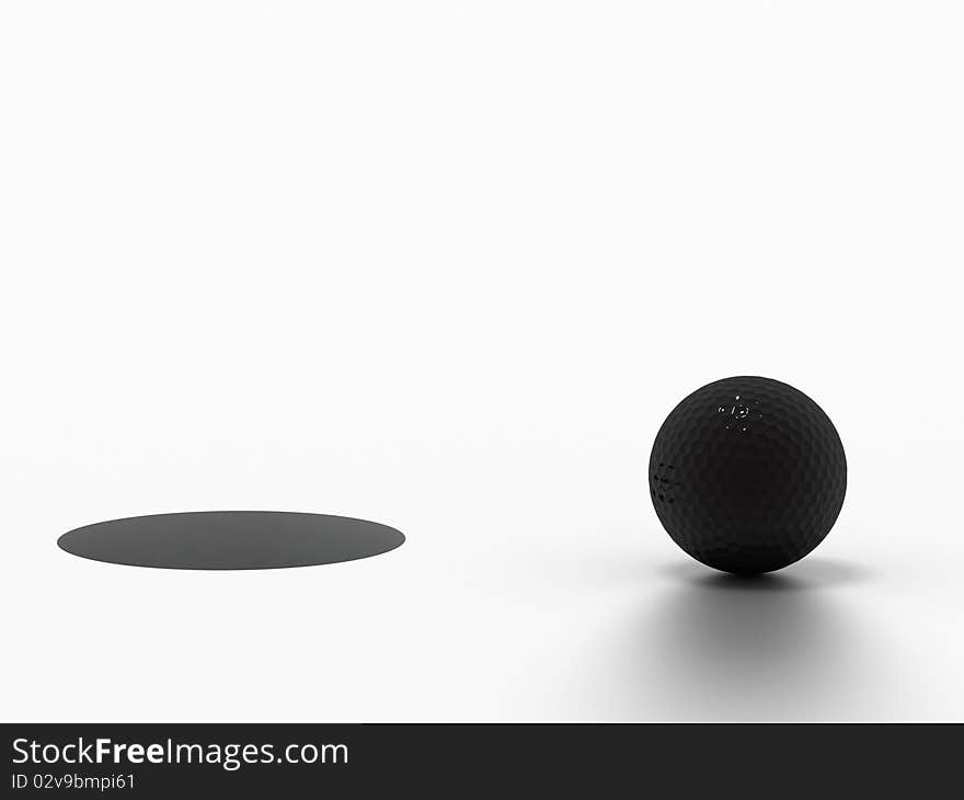 3d image of a black golf ball standing close to the hole ready to be put.