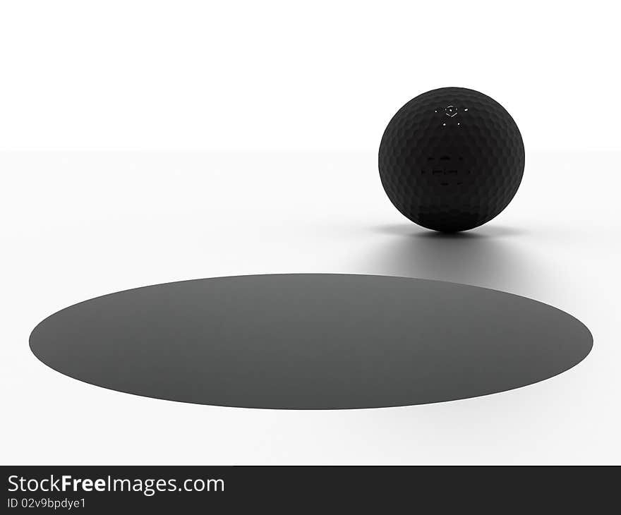 3d image of a black golf ball standing close to the hole ready to be put.