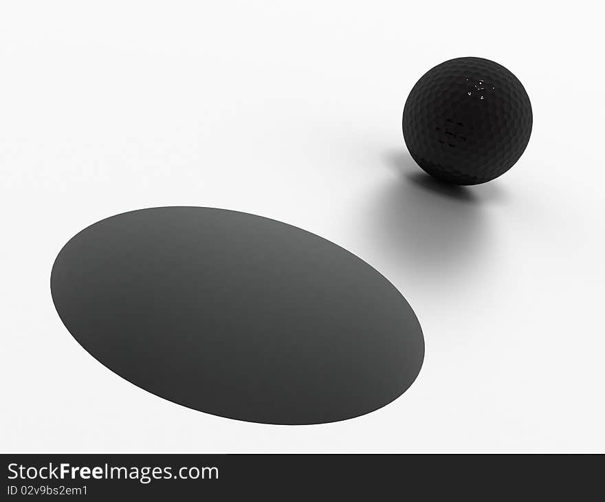 3d image of a black golf ball standing close to the hole ready to be put.