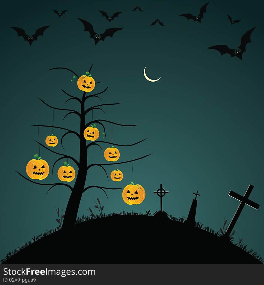 Halloween background with bats, pumpkins, elements for design,  illustration