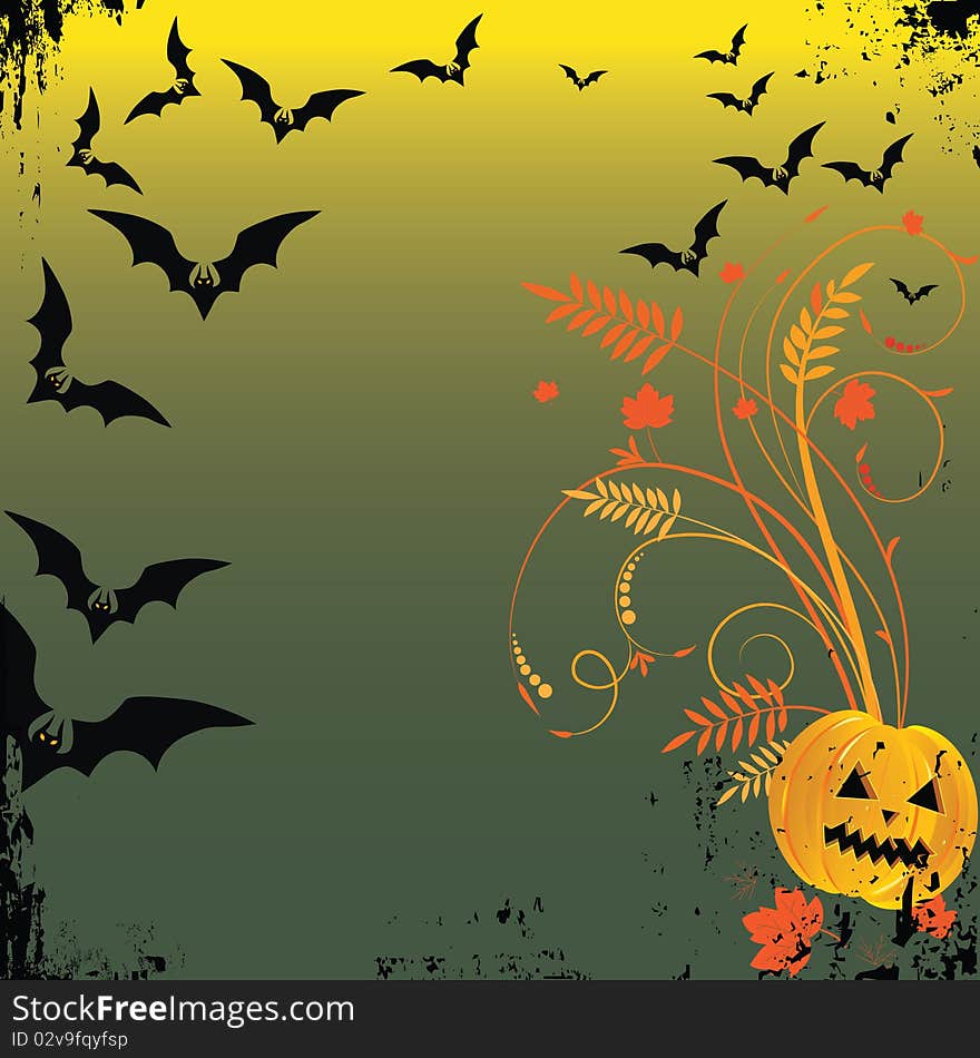 Grunge Halloween frame with bat, pumpkins.