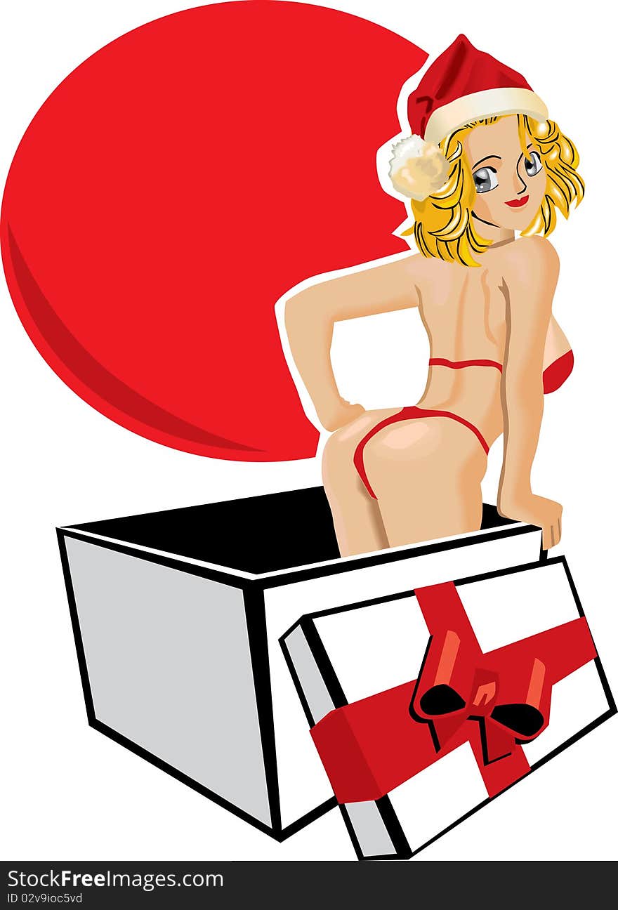 Illustration of a pin up girl in a gift box. Illustration of a pin up girl in a gift box