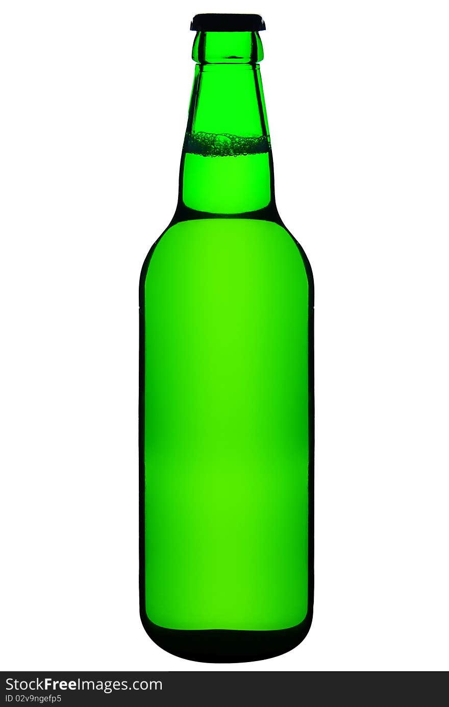 Closed, green beer bottle isolated on white background