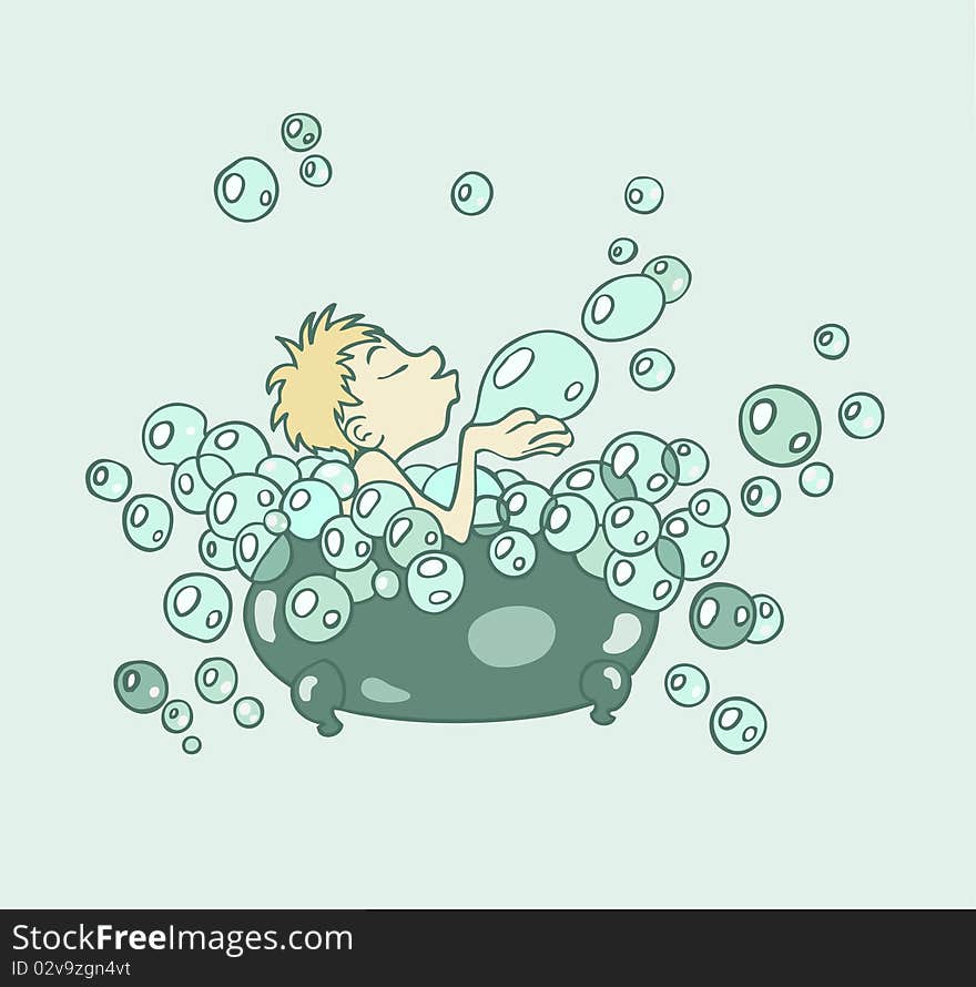 An illustration of a person taking bath, relaxing, blowing soap bubbles. An illustration of a person taking bath, relaxing, blowing soap bubbles