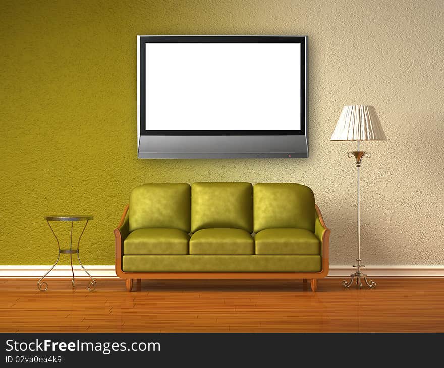 Green couch, table and standard lamp with with LCD tv in double coloured interior. Green couch, table and standard lamp with with LCD tv in double coloured interior