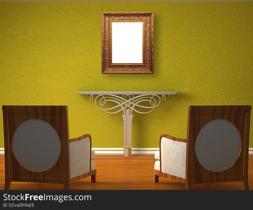 Two luxurious chairs opposite green wall with metallic console and antique frame. Two luxurious chairs opposite green wall with metallic console and antique frame