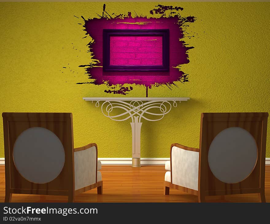 Two luxurious chairs opposite green wall with metallic console and pink splash hole