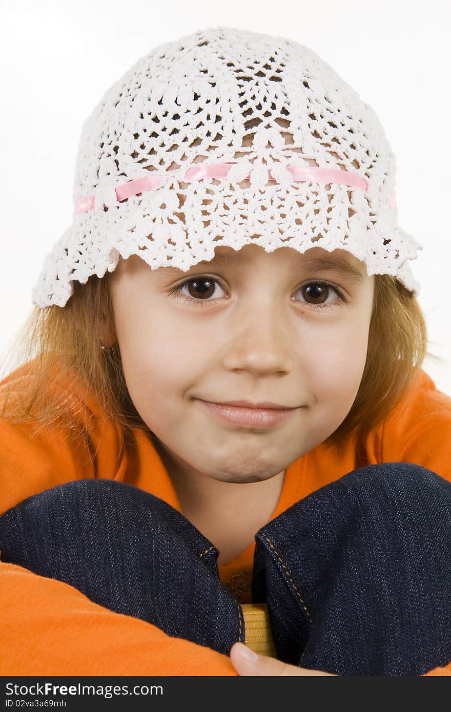 Fan little girl smiling. Isolated white.