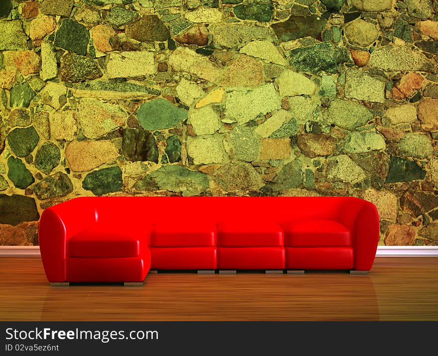 Red couch in stone minimalist interior