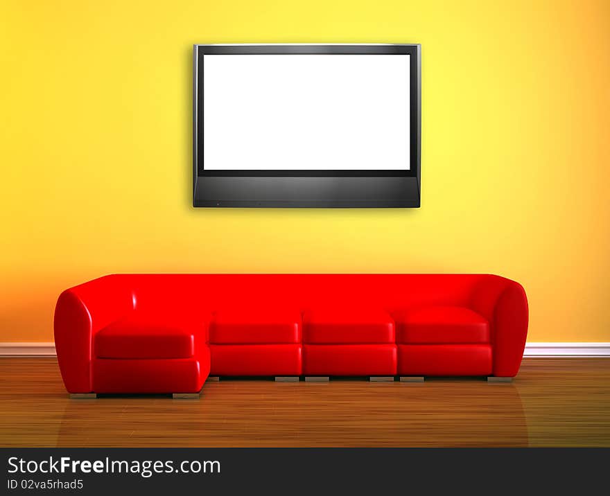 Red Couch With LCD Tv