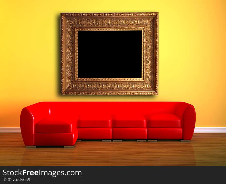 Red couch with picture frame in minimalist interior