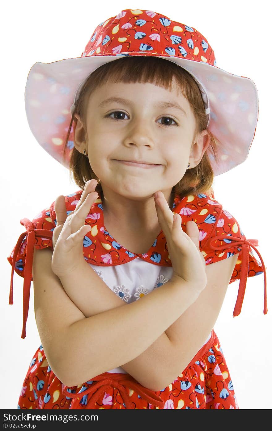 Fan little girl dancing. Isolated white.