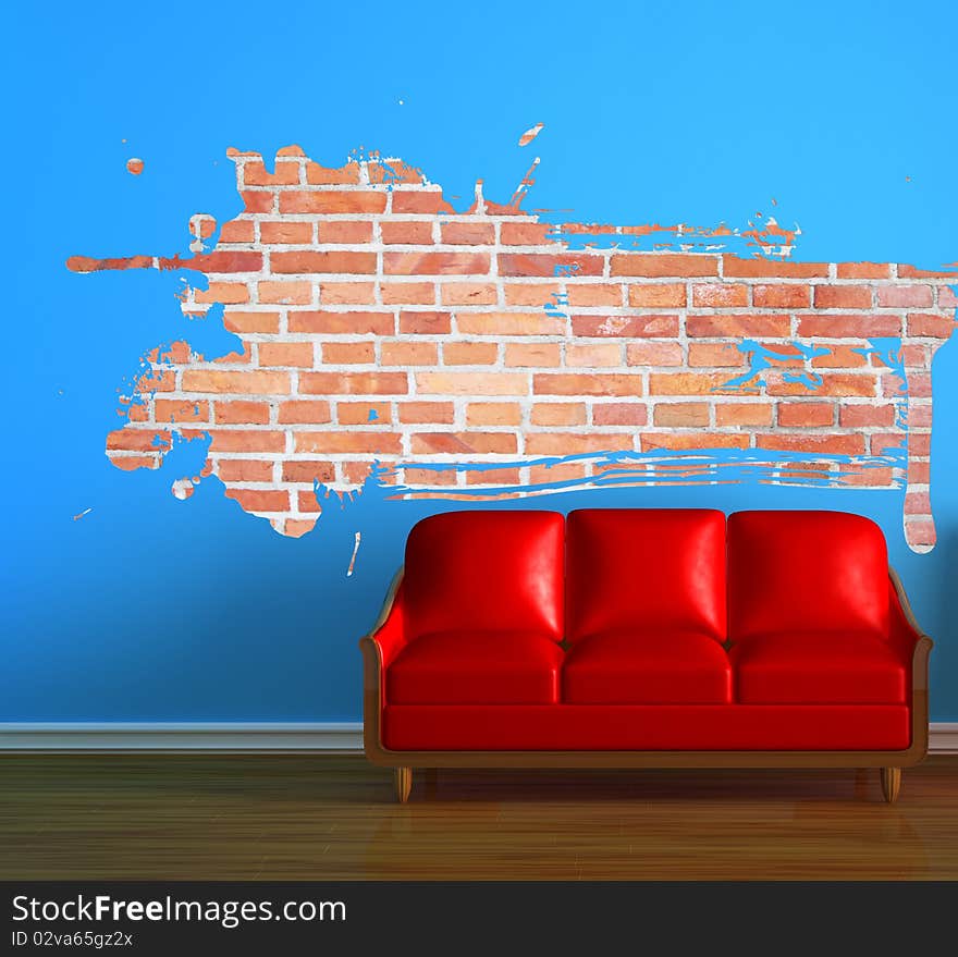 Red couch with splash hole in blue minimalist interior