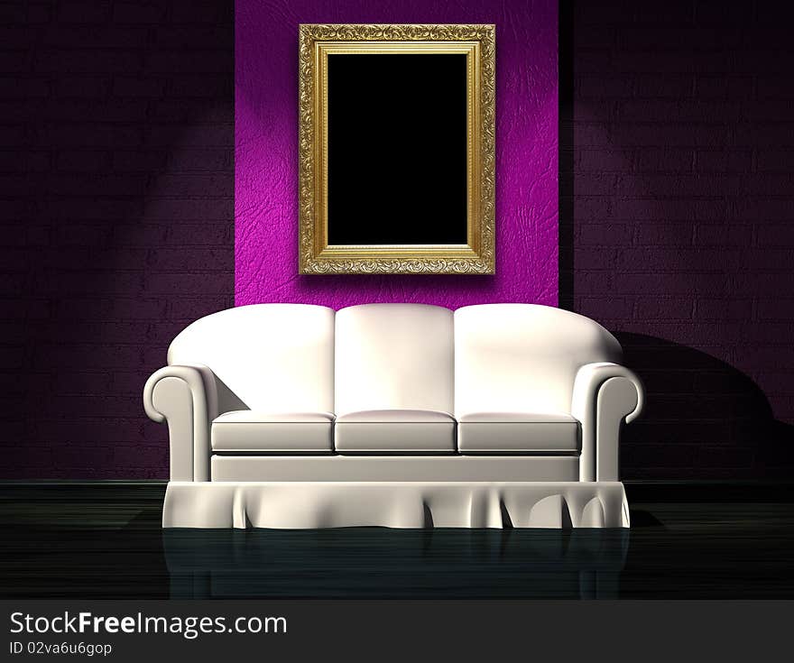 White sofa with purple part of the wall and frame