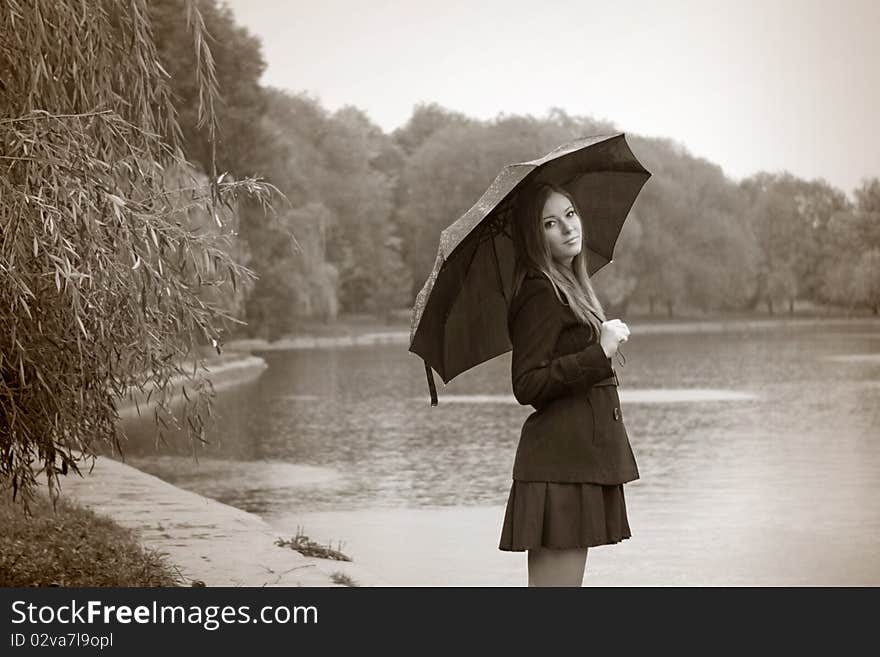 Golden Russian autumn with a beautiful happy girl. Golden Russian autumn with a beautiful happy girl