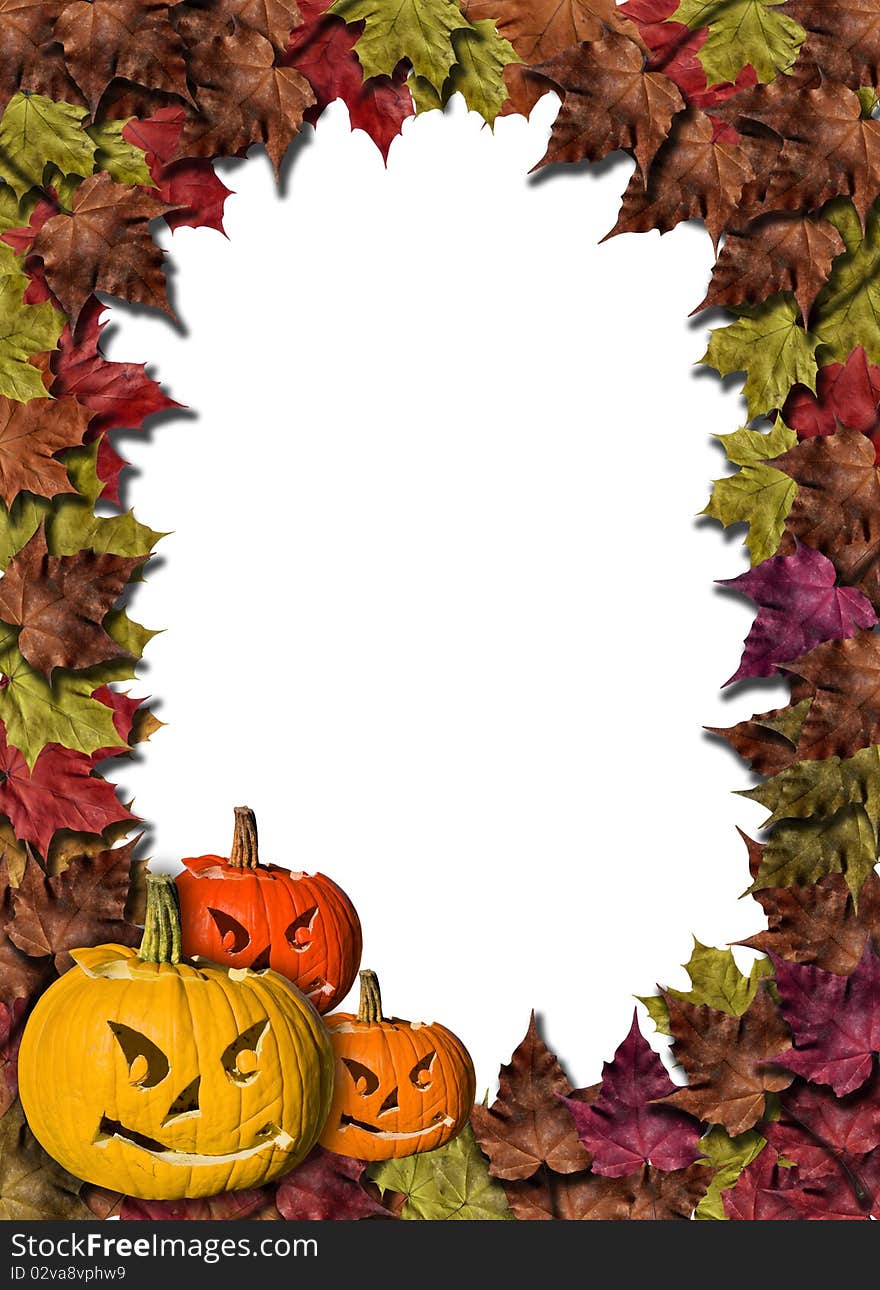 Fall Leaves And Carved Pumpkins Forming A Frame