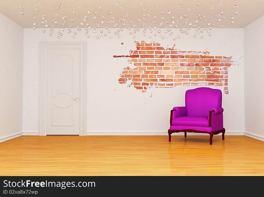 Empty room with splash hole, door and purple armchair