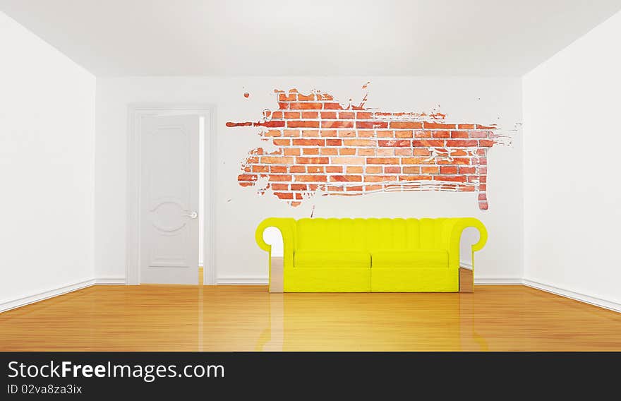 Minimalist living room with yellow couch and splash hole