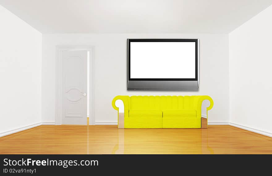 Minimalist living room with yellow couch and LCD tv