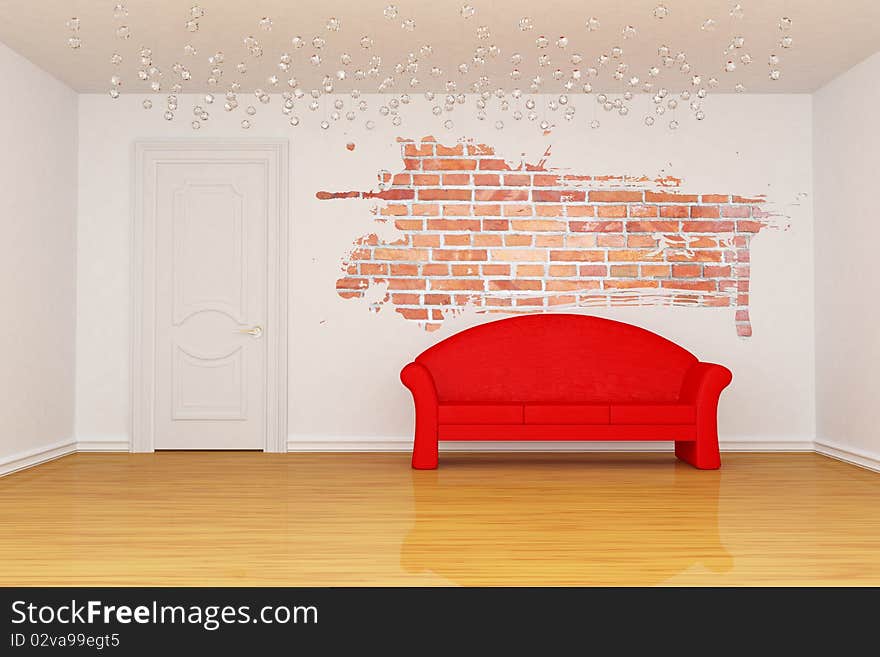 Living room with door, red couch and splash hole