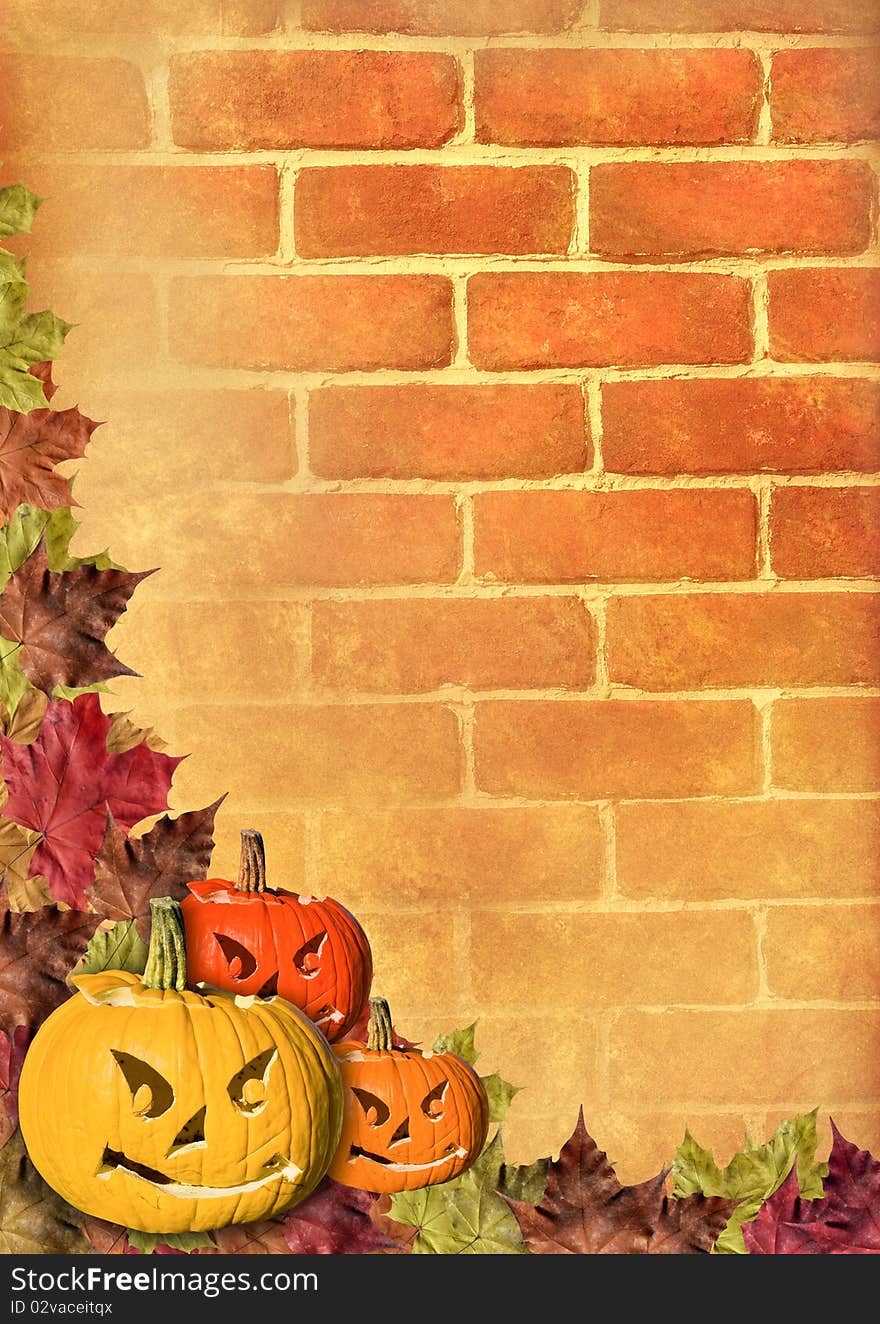 Fall leaves and carved pumpkins forming a frame for your text, in a colorful. Fall leaves and carved pumpkins forming a frame for your text, in a colorful