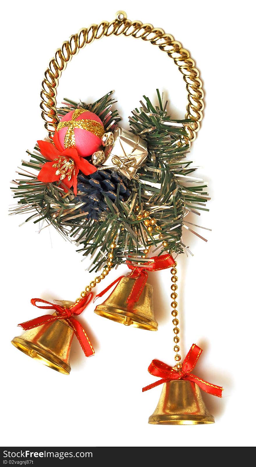 Christmas decoration with golden bells isolated on a white background.