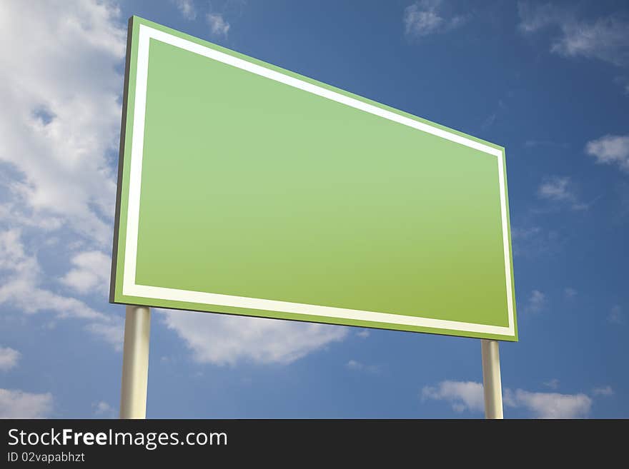 Green sign in front of a blue sky