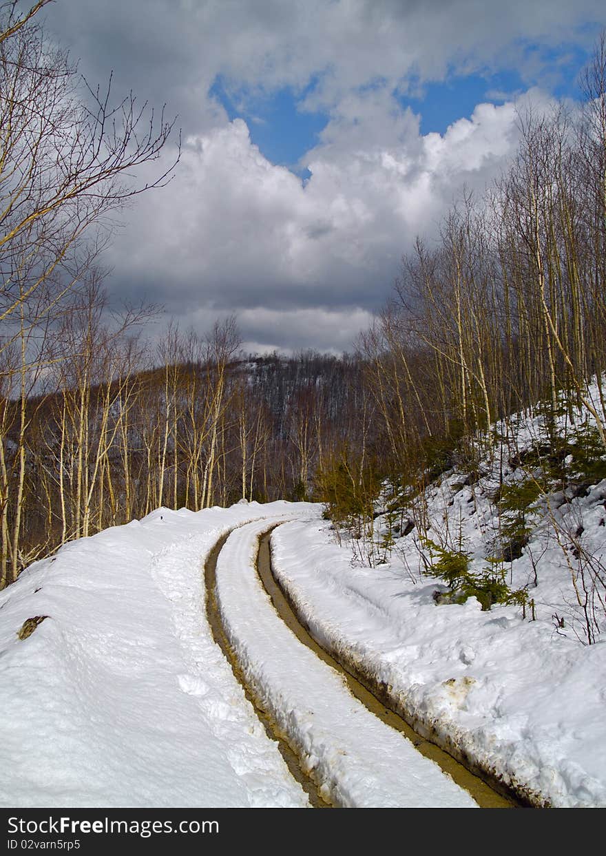 Thawing snow on mountain road