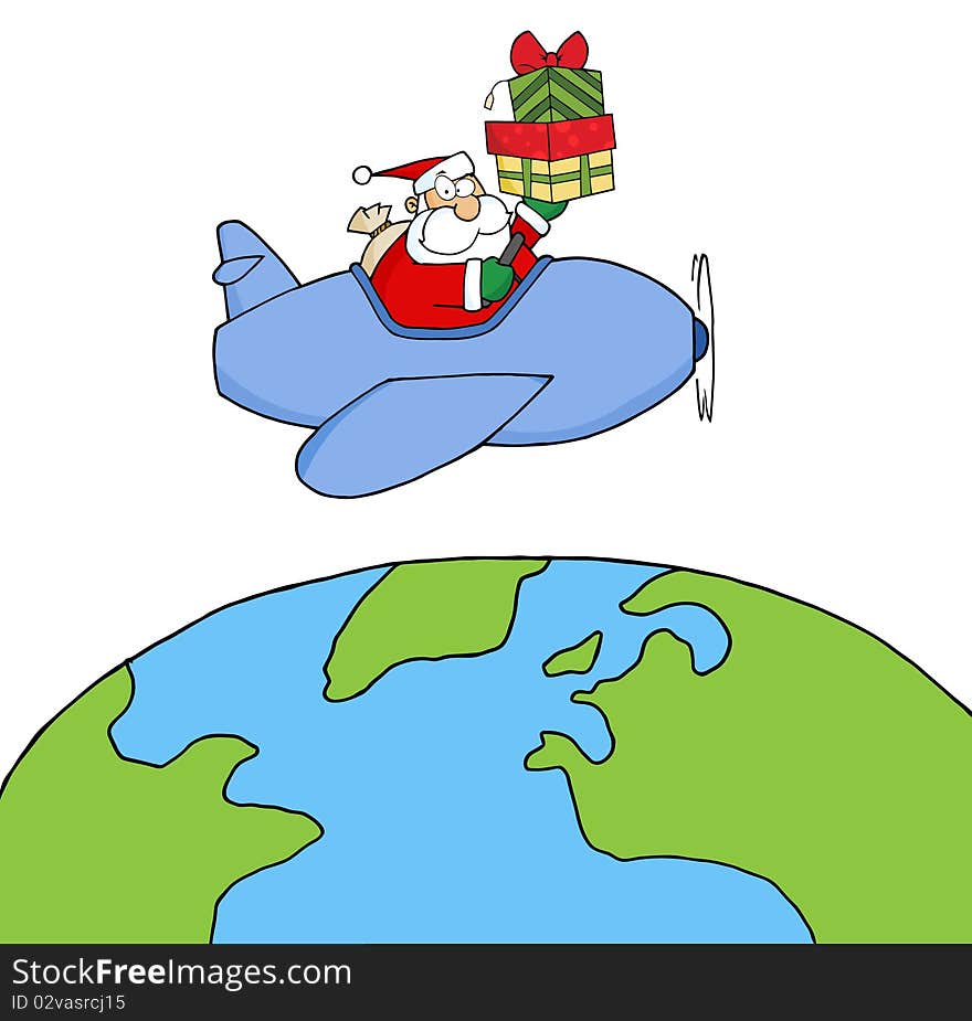 Caucasian santa flying a plane and holding gifts above the globe