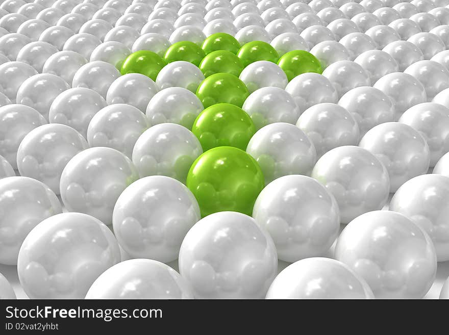 White 3D balls with green ones forming an arrow