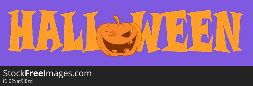 Orange halloween greeting banner of a winking pumpkin as the o over purple. Orange halloween greeting banner of a winking pumpkin as the o over purple