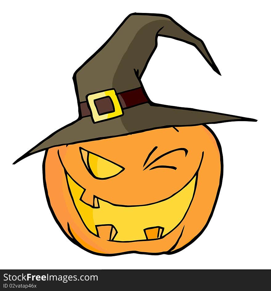 Jack o lantern wearing a witch hat winking