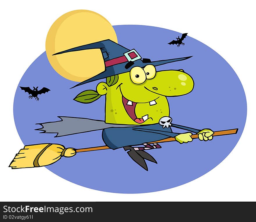 Witch Flying Fast On Her Broomstick