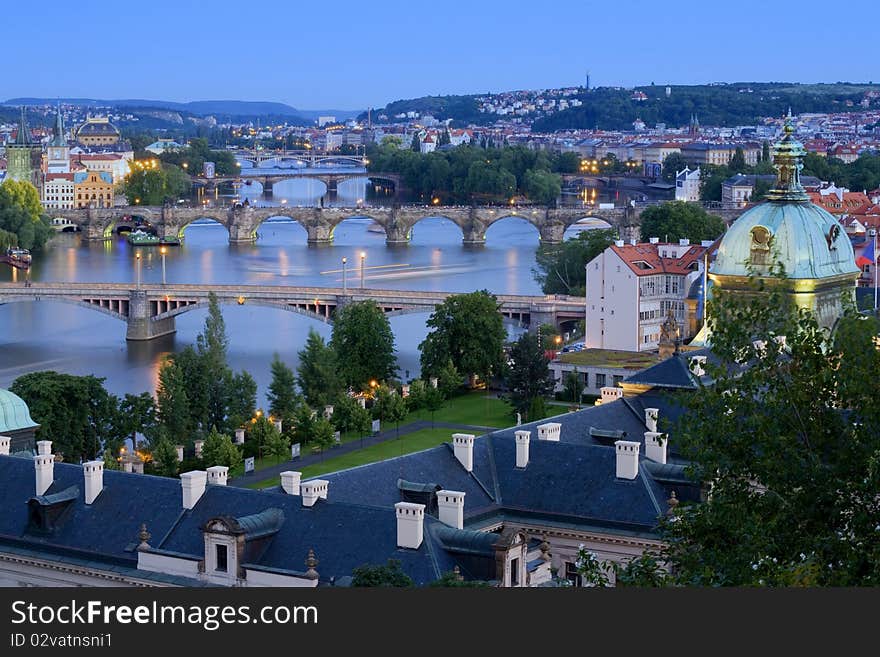 Bridges in Prague over the river Vltava at sunset. Czech