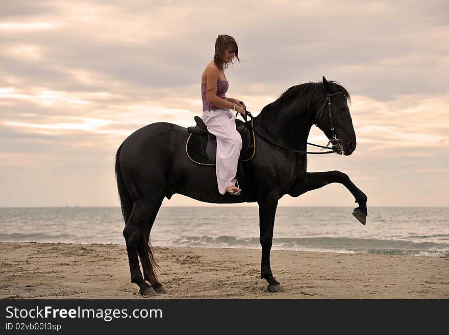 Girl and  horse on the beach