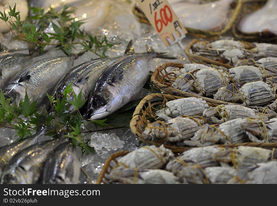 Fresh seafood is abundantly sold at a fisherman's town of Oarai, near Mito Japan. Fresh seafood is abundantly sold at a fisherman's town of Oarai, near Mito Japan