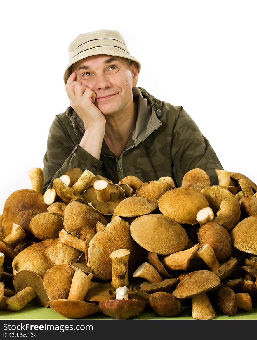 Habitual gatherer of mushrooms on white