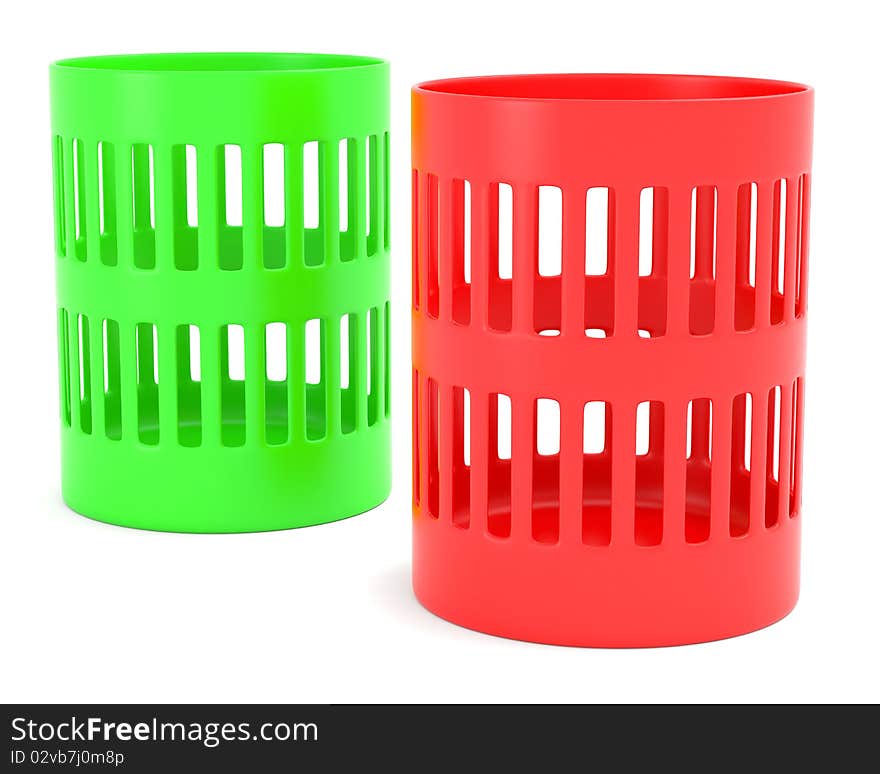 Red and green trash cans