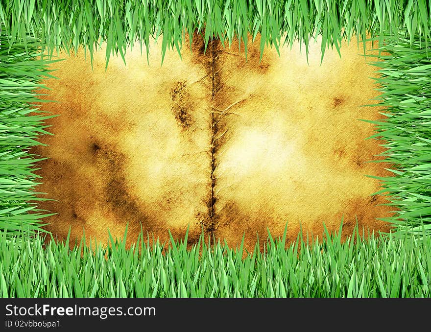 Old foxed piece of paper with green grass blade