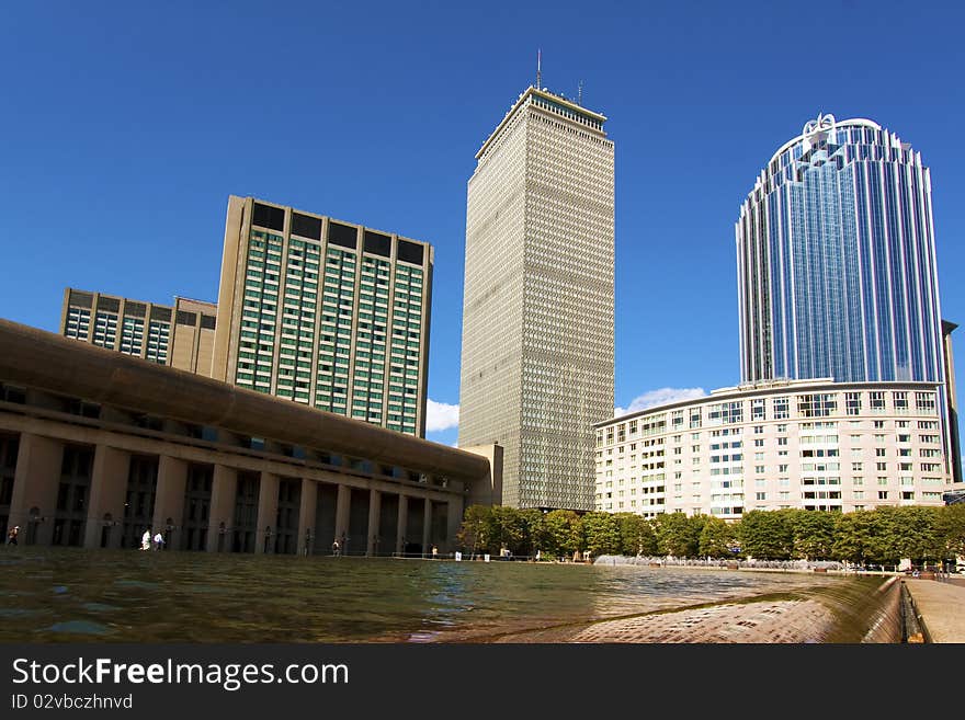 View of the Pond in front of the Prudential Tower in Boston, Massachusetts - USA.